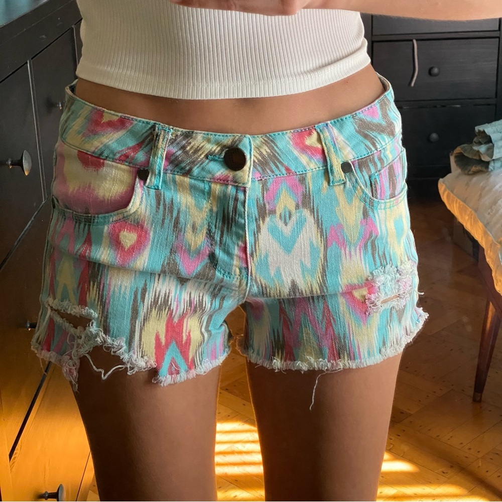 Tinseltown Pink and Blue Jean Shorts with Distressed Hem Midrise Mini Shorts 5